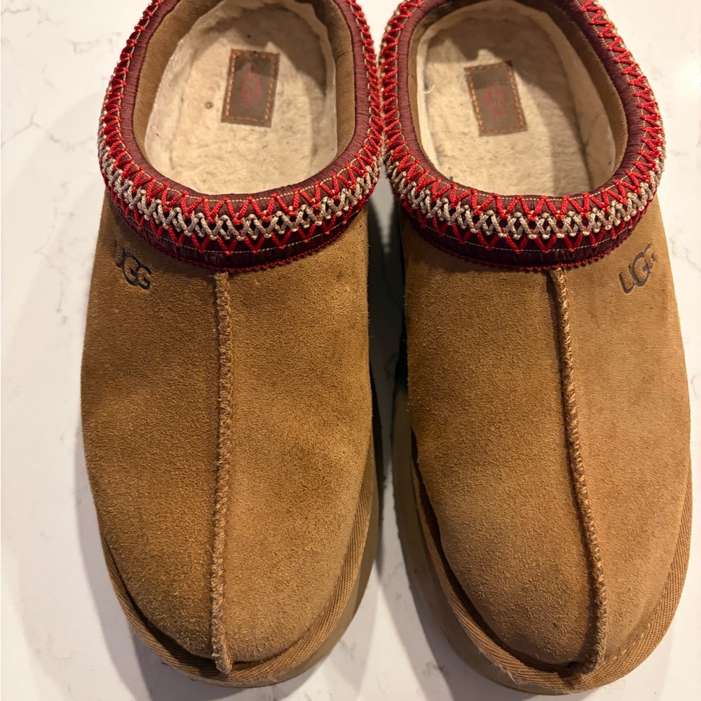 UGG Chestnut Suede Slip-On Clogs with Red Trim